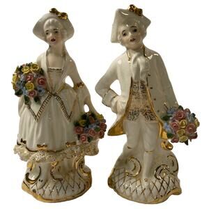 Vintage Figurines French Couple Man and Woman Colonial, Flowers & Gold Accents!